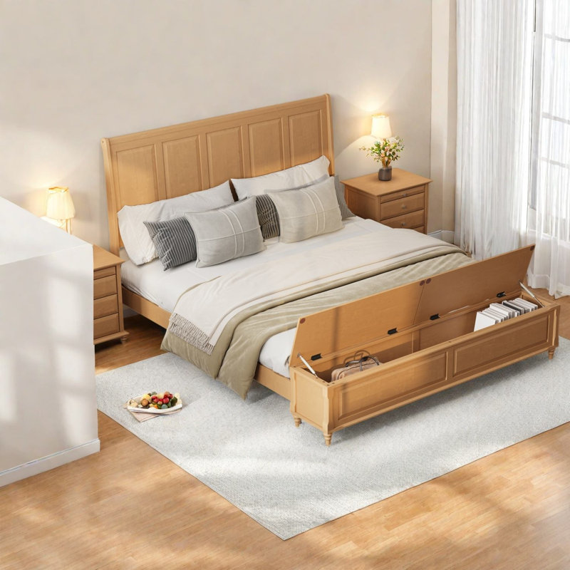 Lit King avec banc de rangement, cadre traîneau en bois massif, chambre à coucher moderne et rustique