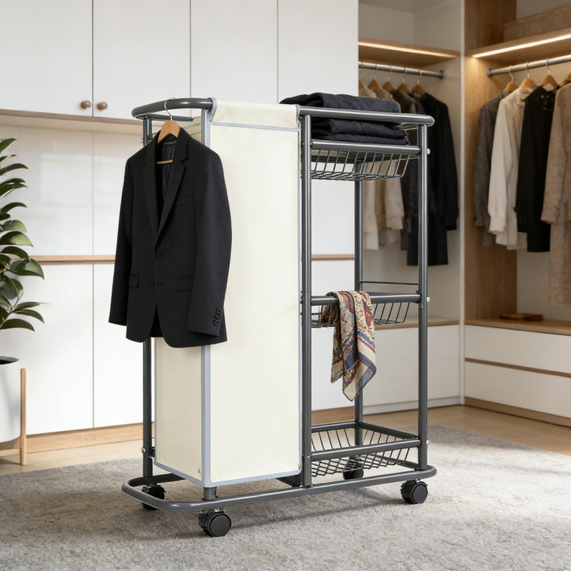 3-Tier Rolling Laundry Cart With Wheels And Laundry Bag - Heavy Duty Metal Frame Storage Organizer With Lockable Wheels For Laundry Room, Bathroom, And Bedroom