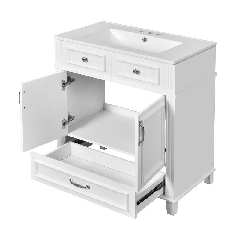 Meuble-lavabo blanc avec lavabo en céramique, portes à fermeture douce et structure en bois massif, style rétro, armoire de rangement moderne