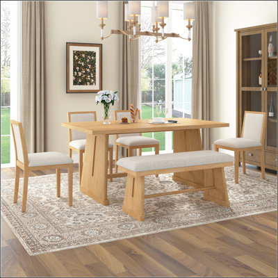 6-Piece Rustic Farmhouse Dining Table Set with Wire Rectangular Table, 4 Upholstered Linen Chairs & 1 Padded Bench for Cozy Dining