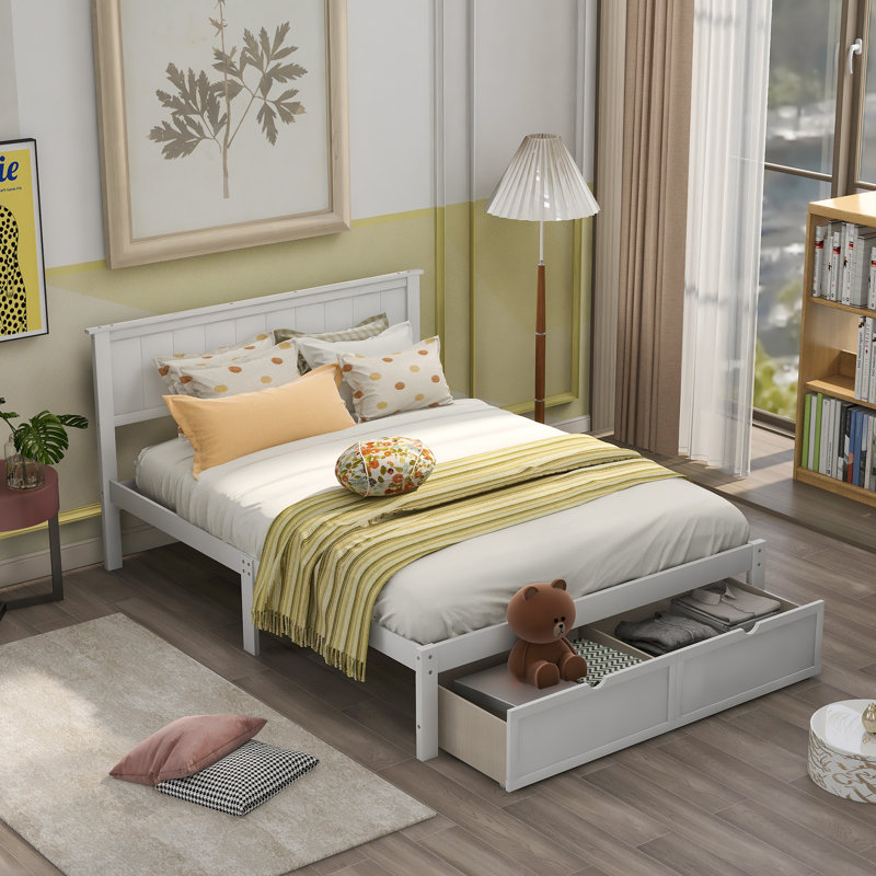 Lit plateforme simple avec tiroir sous le lit, blanc, Blanc, Lit double