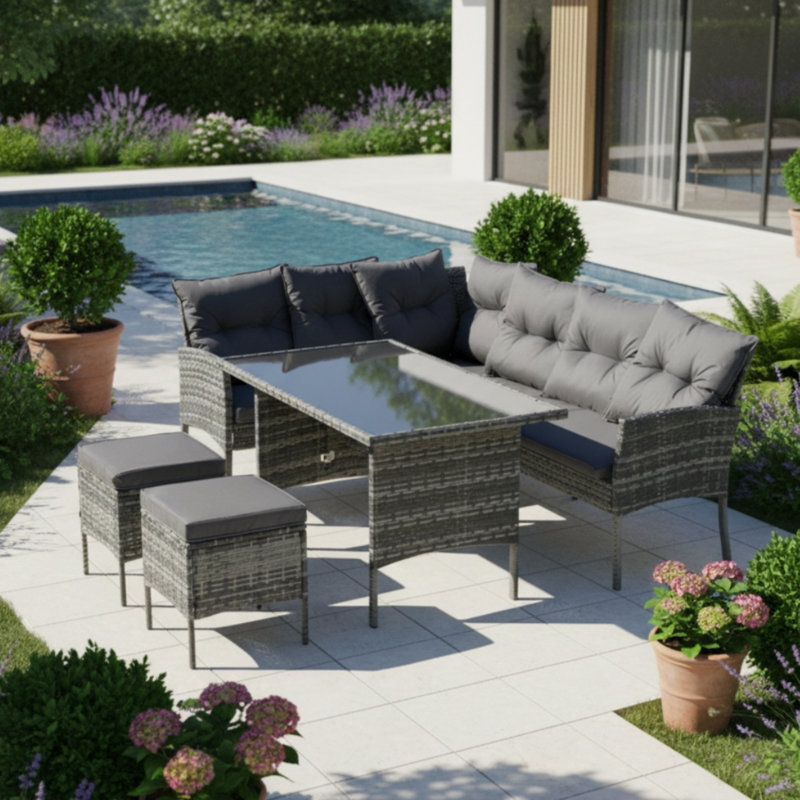 6 - Person Wicker Patio Dining Set with Rectangular Table, Grey Cushion/Grey Frame