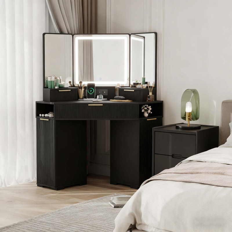 Vanity Table with Lighted Mirror, Drawers, Cabinets and Charging Station for Bedroom, Black