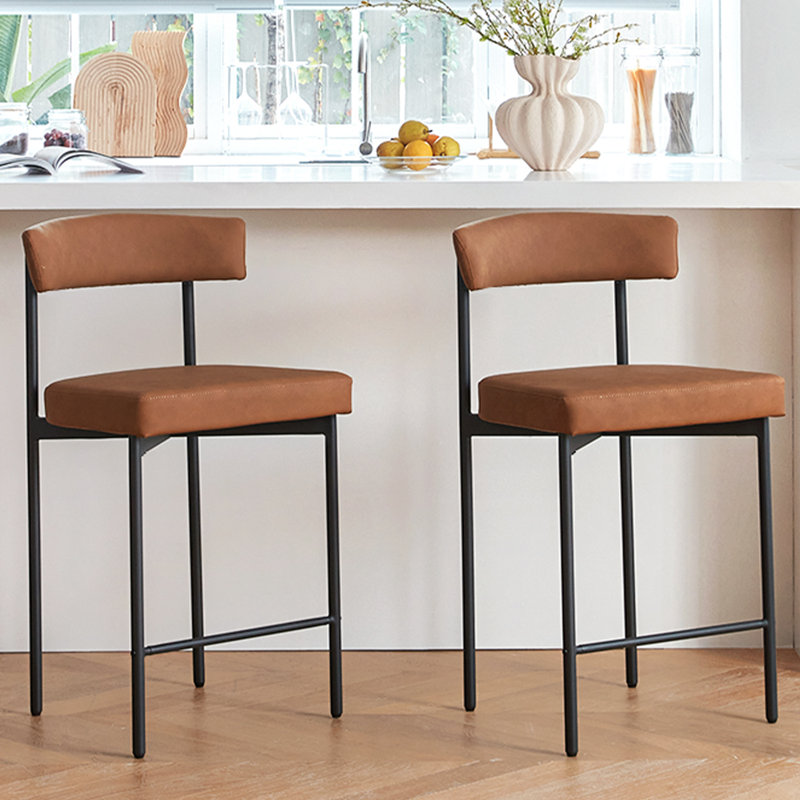 Brown Modern Bar Stools Set of 2, 25.2'' Faux Leather Counter Stools with Curved Backrest, Counter Height Bar Stool for Kitchen Island
