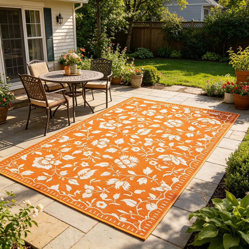 Tapis floral en plastique avec sac pour l'extérieur, Orange, Rectangle 6' x 9'