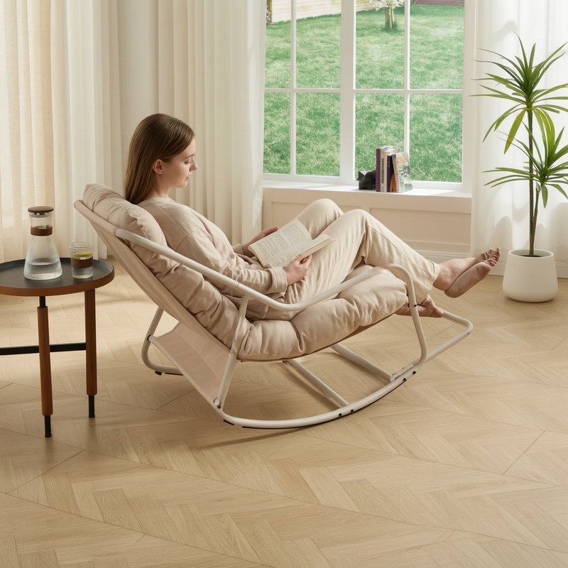 Chaise berçante d'extérieur avec coussin épais et doux, Beige, Beige