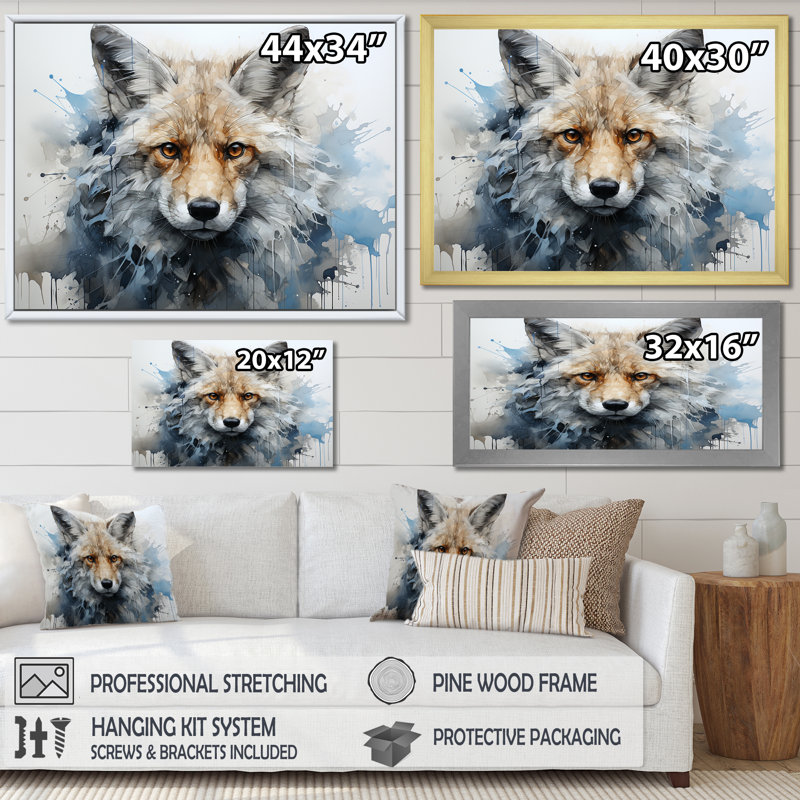 Portrait de renard bleu et blanc, Cadre simple noir, H 34 po x l 44 po x P 1,5 po