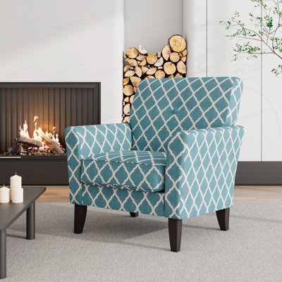 Fauteuil d'appoint avec treillis turquoise et pieds en bois massif brun foncé