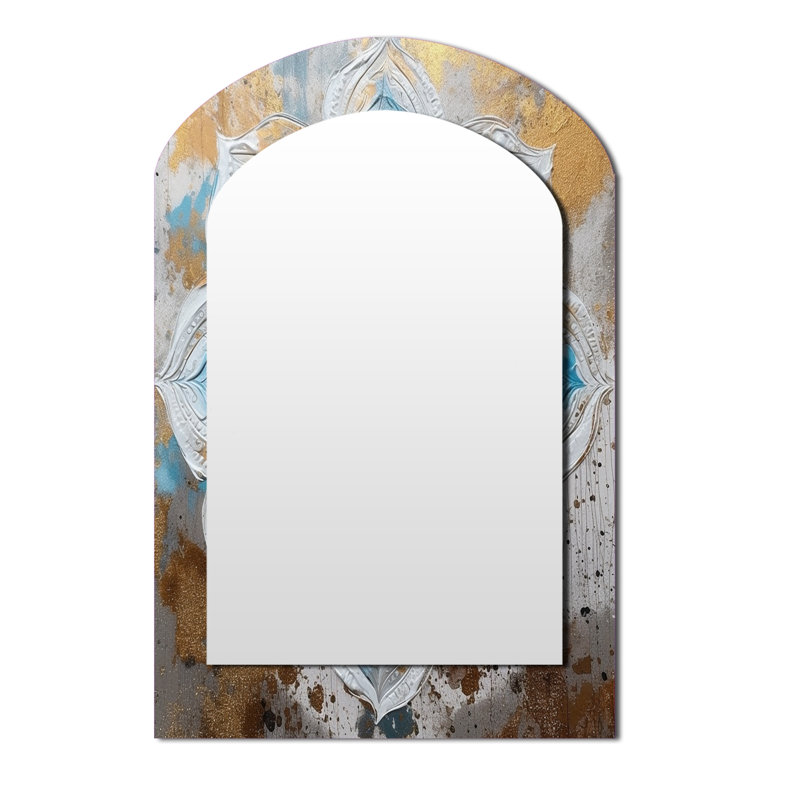Blue And Gold Mandala I - Boho Mandala Asymmetrical Mirror, Blue Arch Decorative Wall Mirror, Printed Metal Art, 43" x 33"