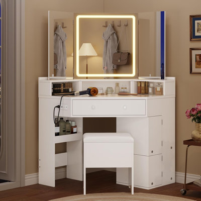 3 - Fold Lighted Makeup Vanity Set with Mirror and Cabinets by Latitude Run