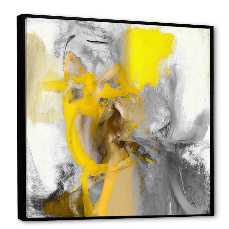 Moutarde jaune et gris vif I - décoration murale abstraite, H 30 po x l 30 po, Toile avec cadre flottant, Noir