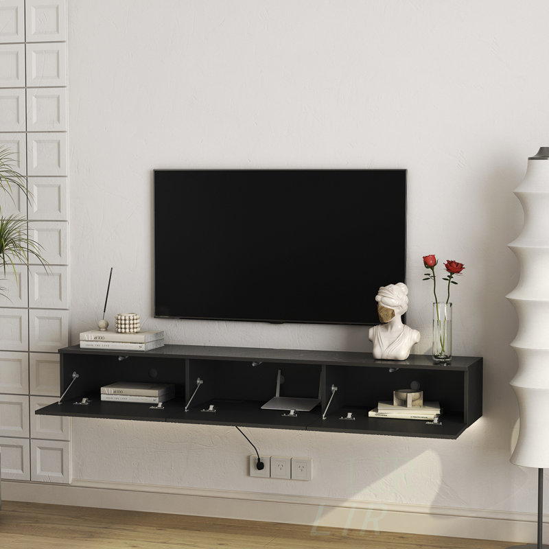 Meuble télé moderne flottant fixé au mur avec 16 couleurs DEL, Noir