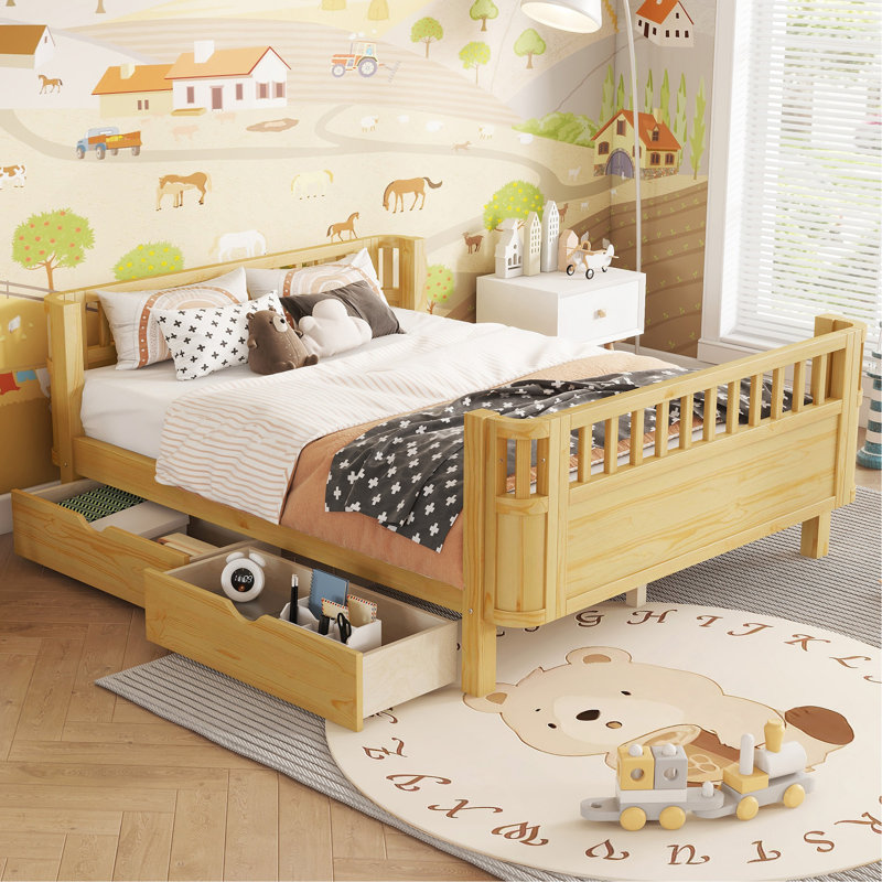 Lit plateforme double pour enfants, lit double profil bas avec rails pour filles et garçons, naturel, Lit double, Naturel