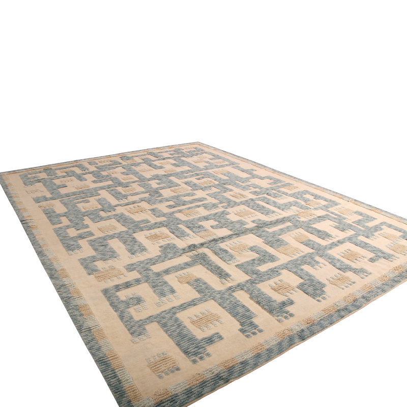 Rug & Kilim’S Scandinavian Geometric Cream & Blue Wool Pile Rug, Rectangle 5' x 7'