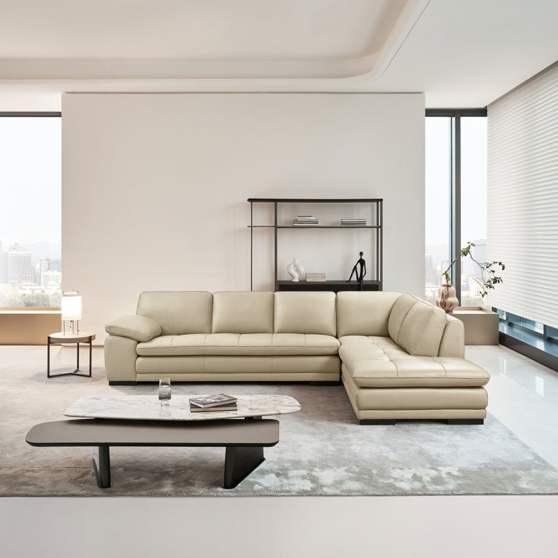 124" Wide Leather Match Sofa & Chaise, Right Hand Facing, Light Gray Leather Match