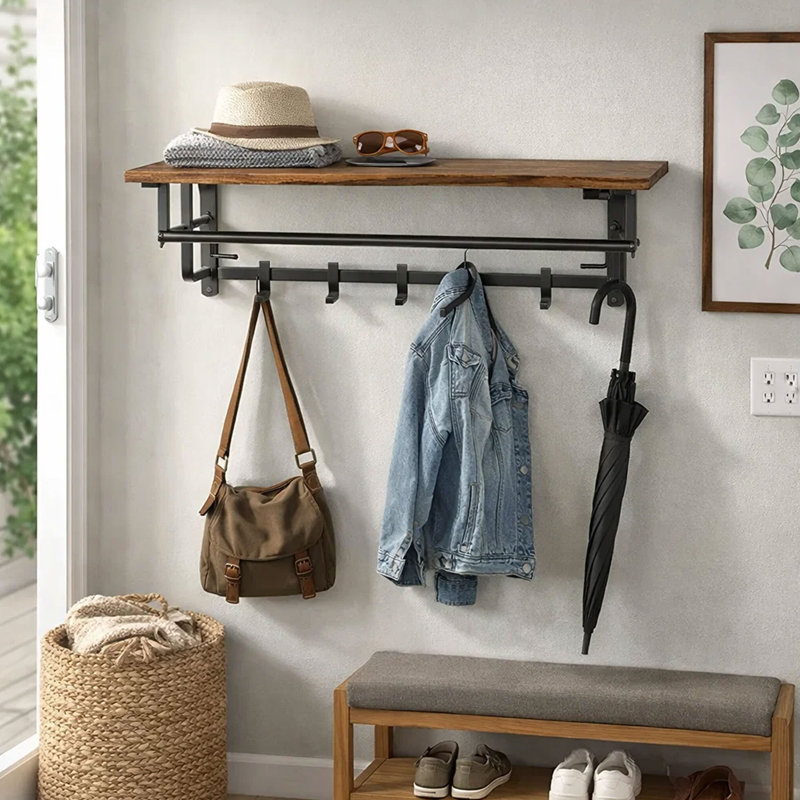 Tovar 26 Inch Industrial Metal Frame Wall Mount Coat Rack, 5 Hooks, 1 Shelf, Rustic Brown, Black, Rustic Brown/Bronze