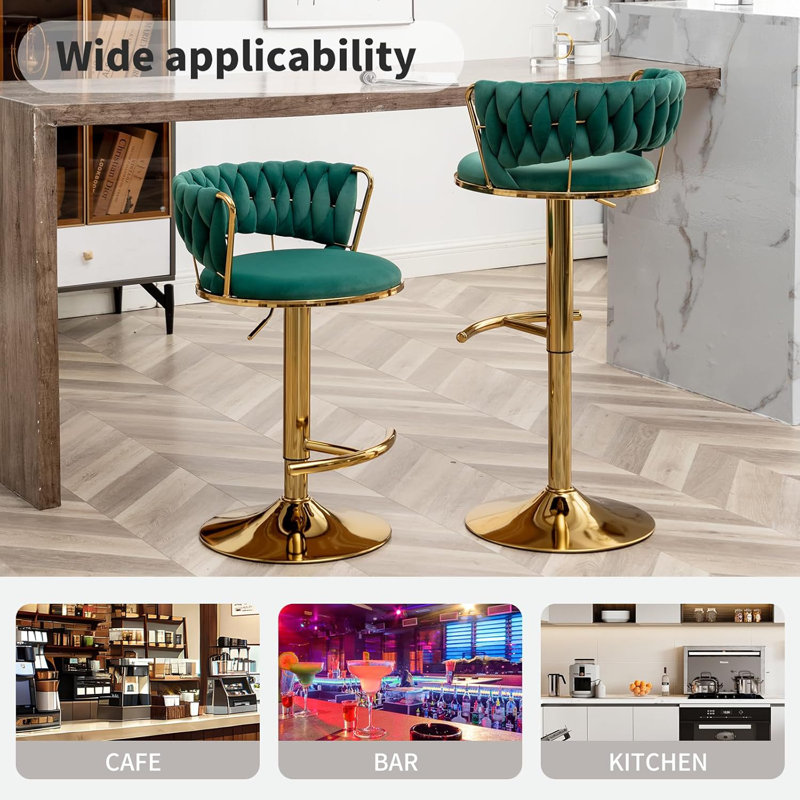 Swivel Bar Stools Set Of 4, Counter Height Bar Stools With Low Back, Velvet Adjustable Height Barstools, Gold Bar Stools For Kitchen Island, Pub