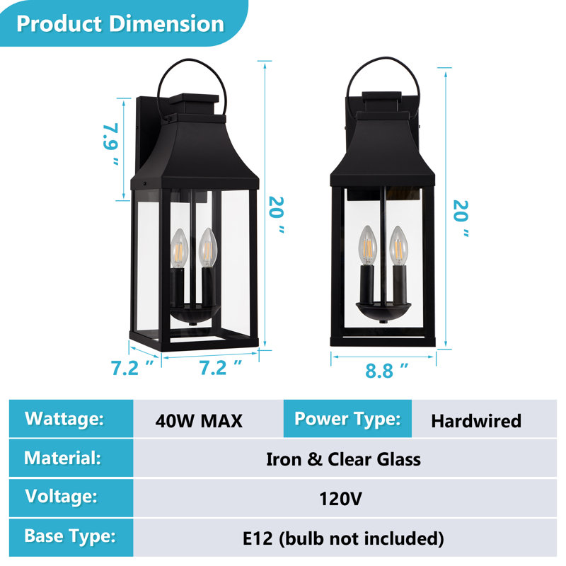 2 - Light 20"h Black Iron & Tempered Glass  Outdoor Wall Lantern