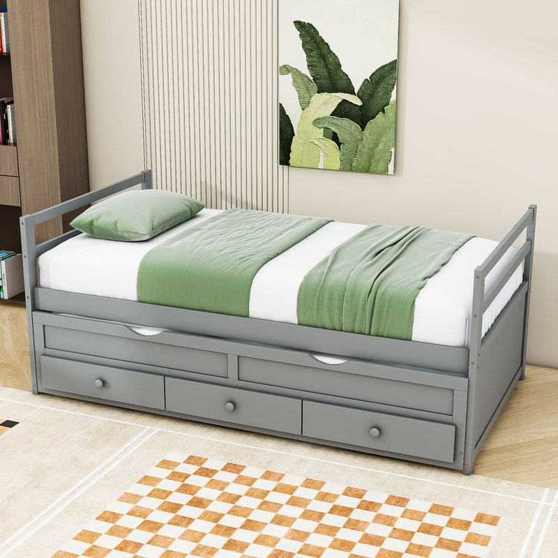 Twin Wooden Platform Bed with Trundle and 3 Drawers, Gray