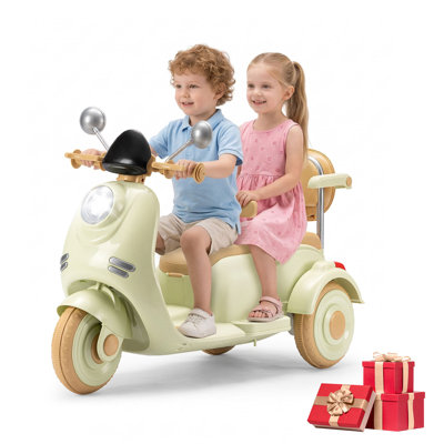 Green 2 Seater Electric Scooter for Kids Ages 3-8, 12V Ride On Motorcycle with Bluetooth Music, LED Headlight, Dual Storage, Carry Handle, Soft Start Kids Moped Toy, 160 LBS Max Load