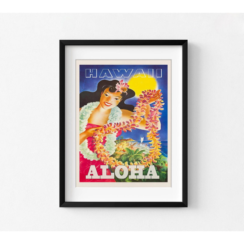 «Hula Girl», affiche rétro d'Hawaï, Aloha, H 36 po x l 48 po, Reproduction encadrée avec passe-partout blanc