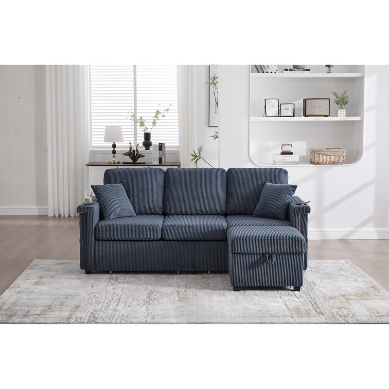 L-Shaped Sectional Sofa With Pull-Out Storage, Ottoman, Pillows, USB Charging, And Cup Holders, Convertible Design For Living Room, Corduroy Fabric