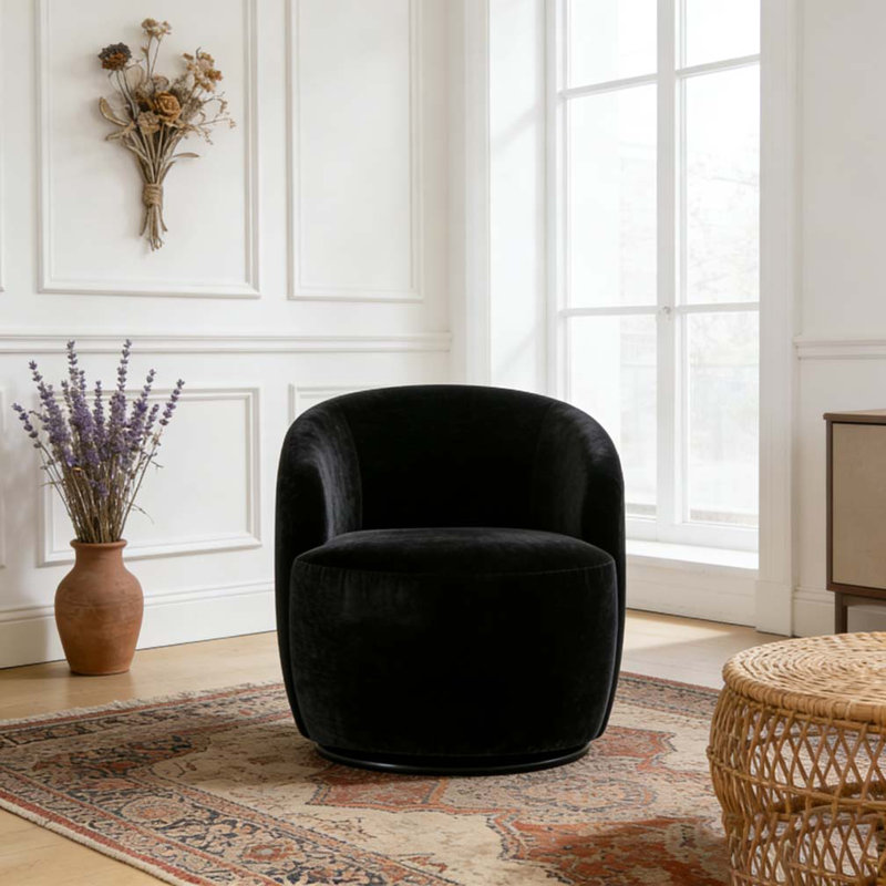 Chenille Fabric Swivel Accent Armchair Barrel Chair, Black
