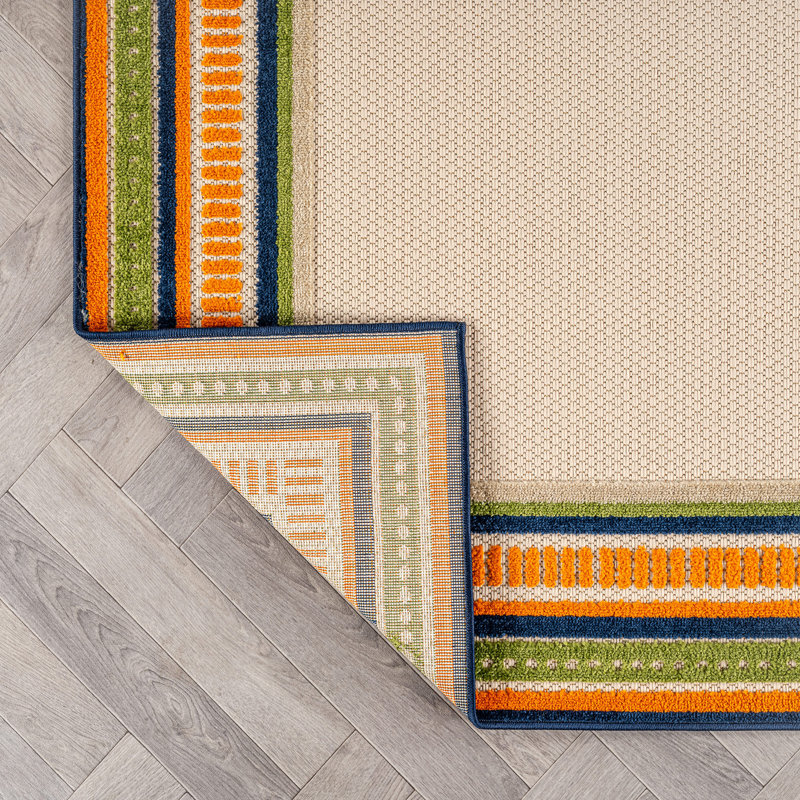 Tapis ivoire / multicolore intérieur / extérieur Coastal Border, Multi, Tapis de couloir de 2 pi x 7 pi