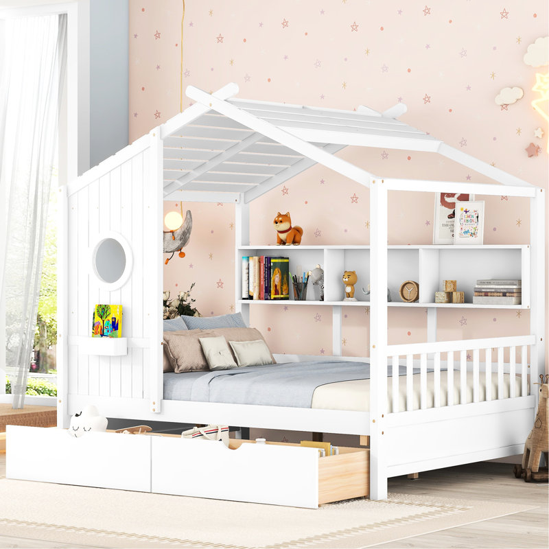 Lit blanc en bois pleine grandeur avec 2 tiroirs de rangement et une tablette arrière, un espace de divertissement créatif