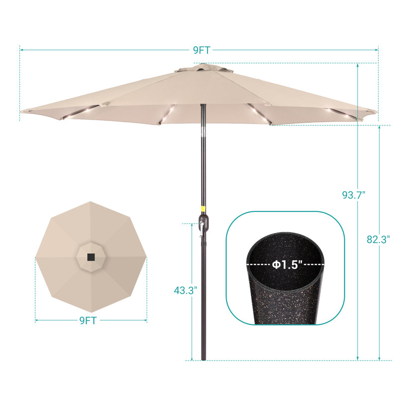 Market Umbrella LED Lights Round Patio Umbrella with Large Canopy Outdoor Table Umbrella Solar Powered For Deck, Beige