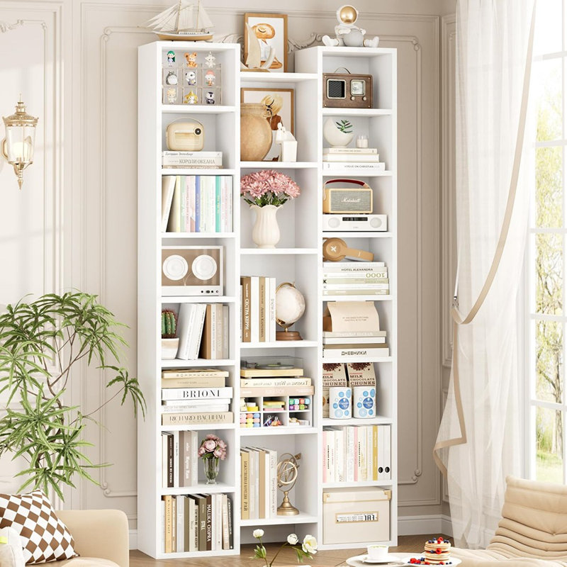 Bibliothèque blanche de 1 po avec tablettes réglables à 8 niveaux, tour de rangement pour CD / DVD, armoire de présentation, bibliothèque haute pour la maison ou le bureau