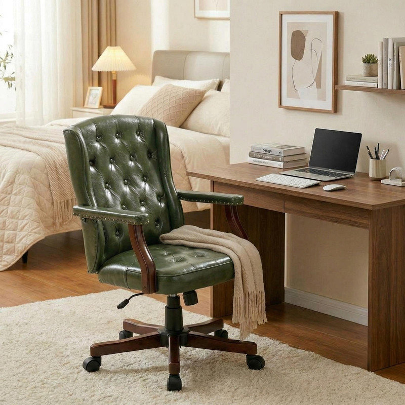 Wingback Executive Office Chair, Ergonomic Faux Leather Swivel Adjustable Home Desk Chair, Green
