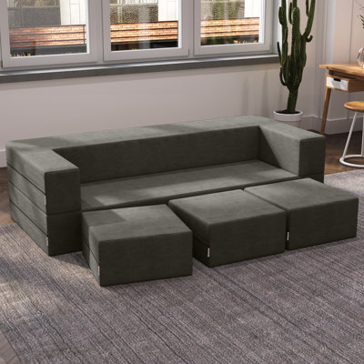 Shontae Zipline Convertible Compression Sleeper Sofa, Three Ottomans, & Pillows / California King-Size Bed, Textured Microvelvet