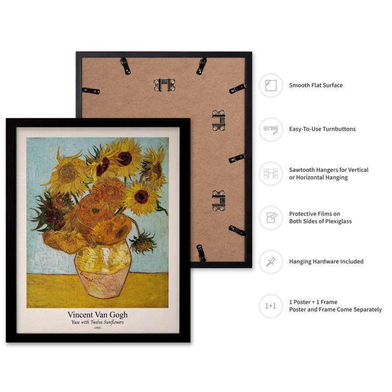 Van Gogh - Vase avec douze tournesols No2, Cadre noir, Affiche, H 16 po x l 20 po