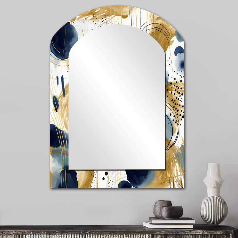 Louca, motif abstrait avec textures bleues et dorées VII - miroir mural à arc abstrait, miroir décoratif asymétrique bleu