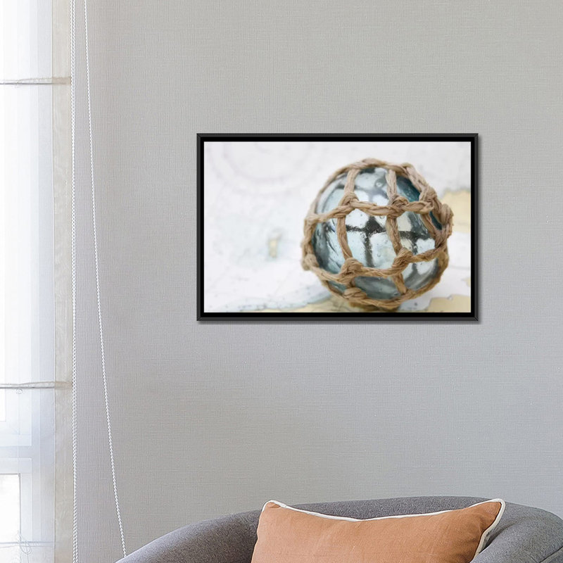 " Fishing Float On Chart " by Savanah Plank, 18" H x 26" W x 1.5" D, Black Floater Framed Canvas, No Mat