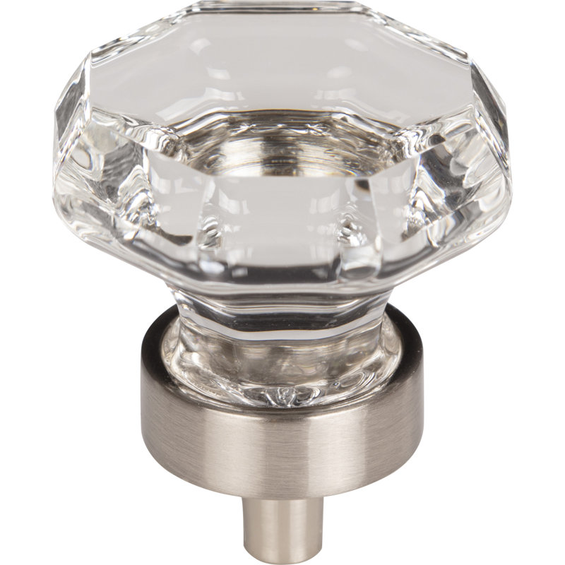 Black Octagon Crystal 1 3/8" Diameter Round Knob, Brushed Satin Nickel, Clear