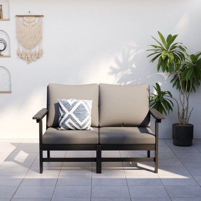 Canapé à deux places modulaire moderne d'extérieur de 119 cm (47 po) en PEHD avec coussins épais et texture bois naturel