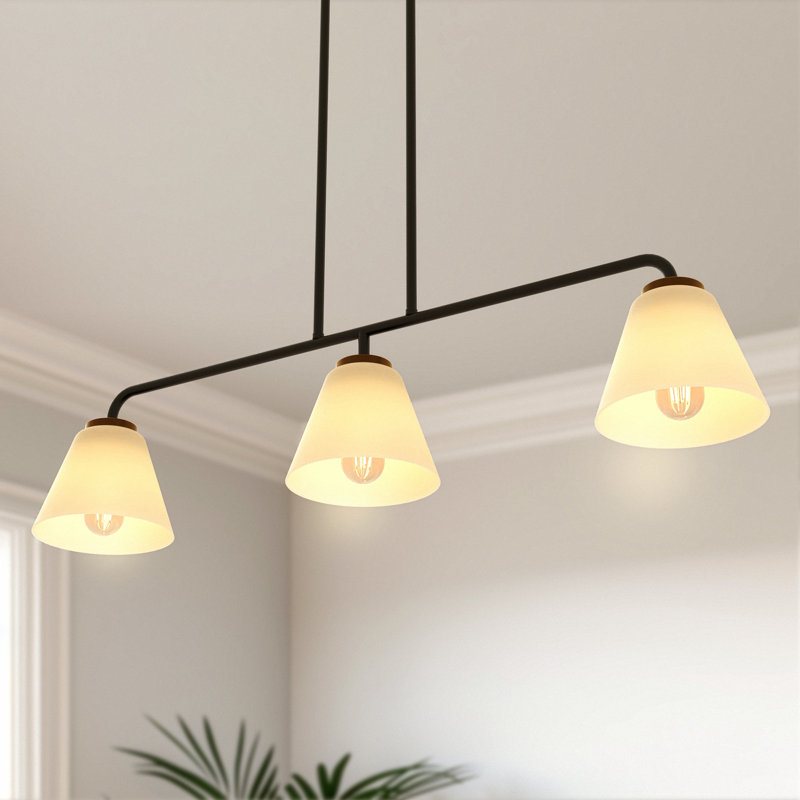 Aigars 3-Light Black Linear Island Pendant Hanging Light, Kitchen Lighting With Glass Shades, White