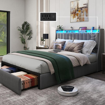 Upholstered Storage Bed Frame with Headboard, LED Bed Frame with Drawers and Charging Station
