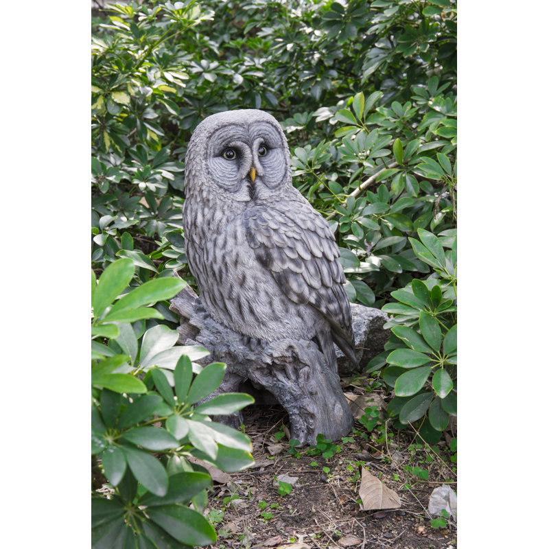 Grey Polyresin Owl on Tree Stump Statue