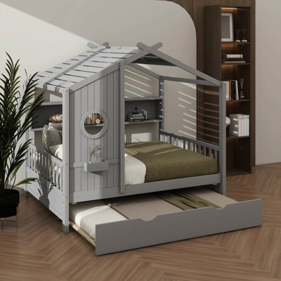 Lit double en bois de style contemporain avec lit gigogne et tablette de rangement