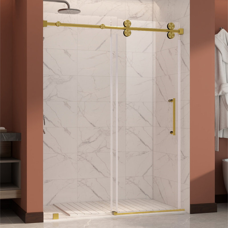 Uks04 66 In. To 72 In. X 76 In. H Frameless Sliding Shower Door In Satin Brass With 3/8 In. (10mm) Clear Glass, Satin Brass