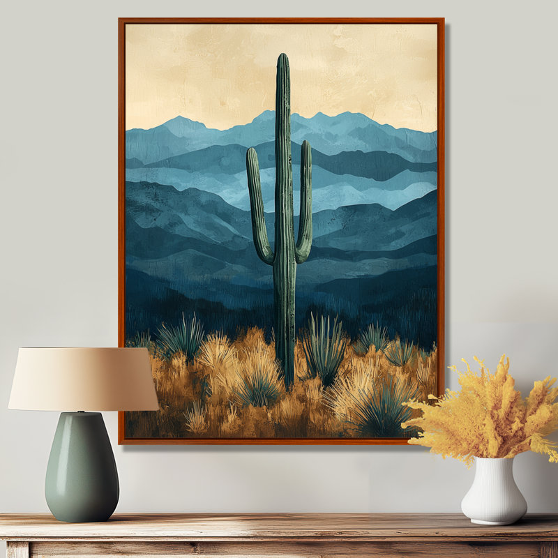 Margriet Cactus and Mountains I - Art mural de cactus pour le salon, H 32 po x l 24 po, Reproduction avec cadre flottant