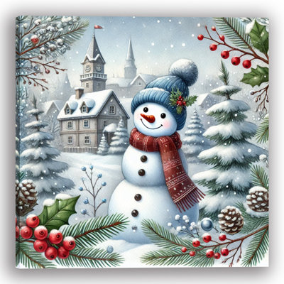 «Winter Village Snowman: A Joyful Snowy Day», art sur toile