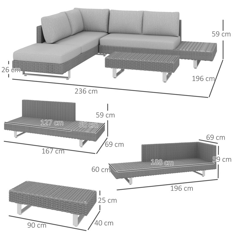 Outsunny 3 Pieces Rattan Garden Furniture Set Sofa Set 5-Seater Light Grey