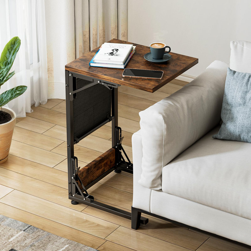 Table en C, support pour ordinateur portable brun rustique, plateau de télévision, table d'appoint avec rangement, conception compacte et peu encombrante