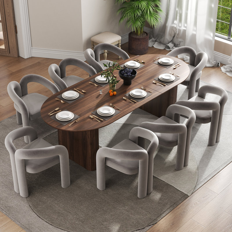 Modern Farmhouse Extendable 59.06" to 90.55" Table Dining Set for 4-8, 9 Pieces: Table, 8 Chairs, Gray, Walnut