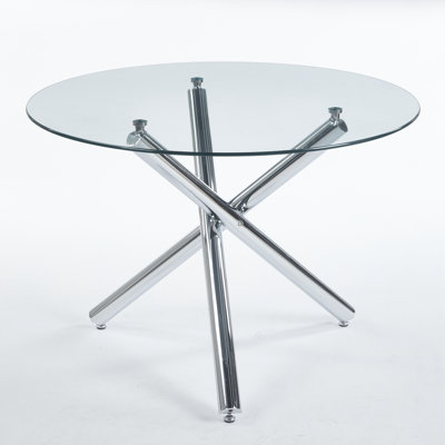 Chrome Dining Table With Metal Leg And Glass, Modern Space Saving Kitchen Table For Living Room