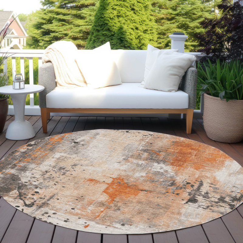 Machine Washable Indoor/Outdoor Xhevrie Orange Rug, Round 8'